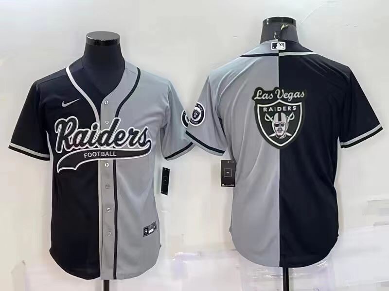 Men's Las Vegas Raiders Blank Black/Grey Split Team Big Logo With Patch Cool Base Stitched Baseball Jersey Men's Las Vegas Raiders Blank Black/Grey Split Team Big Logo With Patch Cool Base Stitched Baseball Jersey